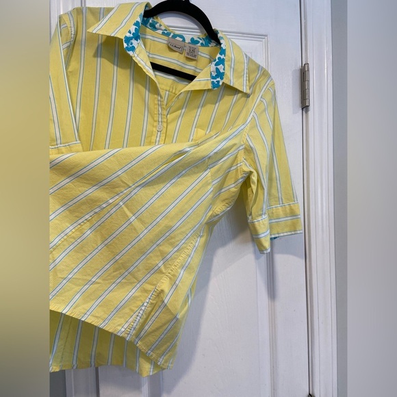 L.L. Bean Size XL Yellow Turquoise Stripe Short Sleeve Cotton Button Down Shirt - Picture 3 of 12